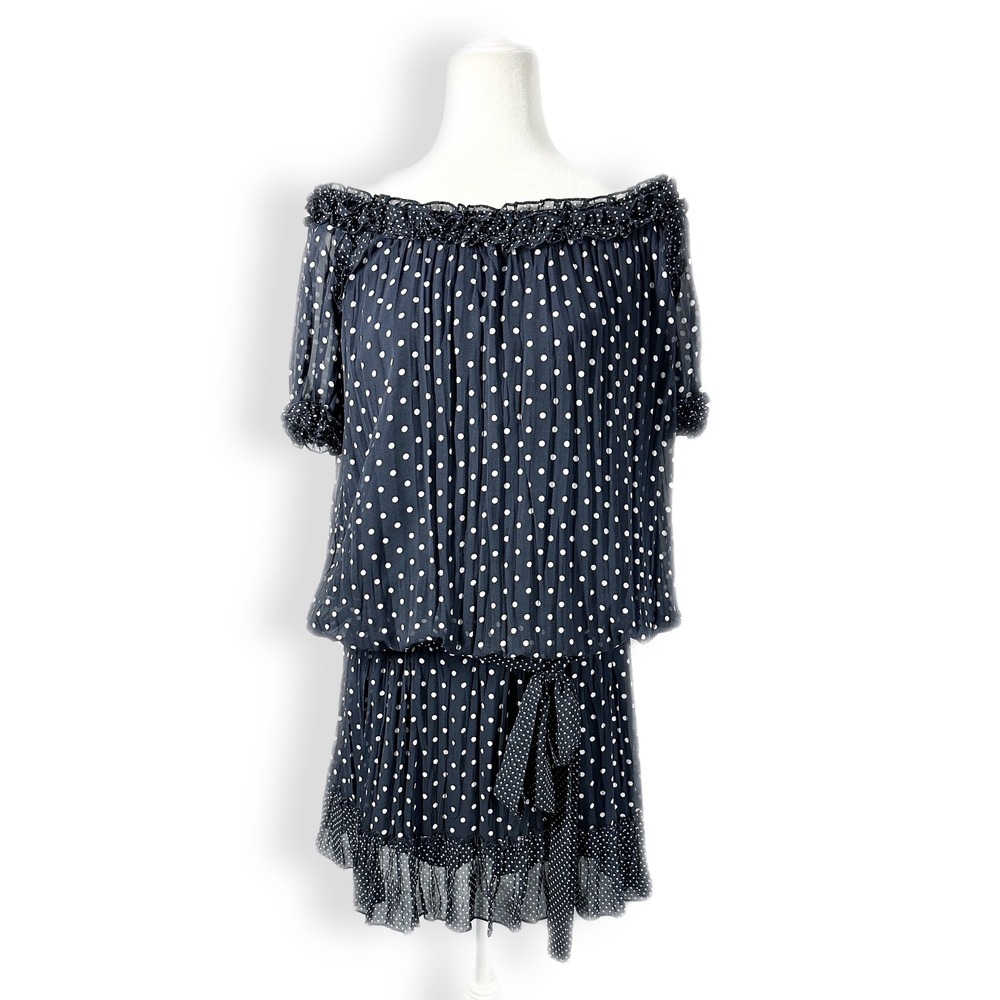 Izzet Candan Drop Waist‎ Short Sleeve Ruffle Polka Dot Navy Dress Women's Size 8